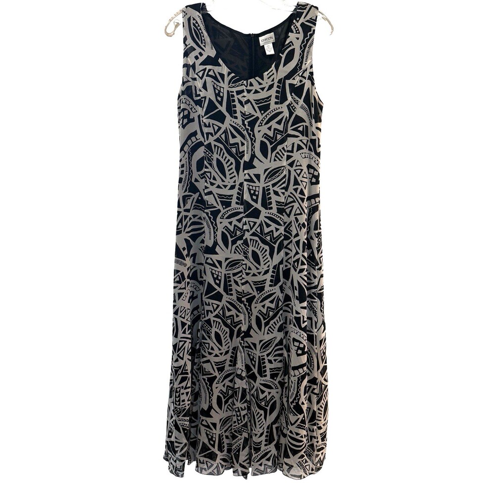 Chicos Beatrice Dress Black & White Jazz Affair Pattern Size Medium Silk Lined